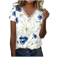 Тениски на Dyegold v Neck за жени облечени дантелени тапицерии с къс ръкав върхове летни небрежни разхлабени винтидж флорални отпечатани блузи