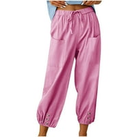 Funicet женски панталони модни жени летен бутон Небрежен хлабав памук и ленени джобни панталони панталони