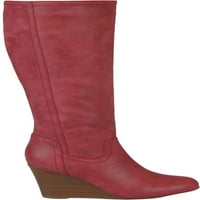Дамски калъф за пътуване колекция Лангли широк теле клин петата коляното висока обувка червено Фау кожа м