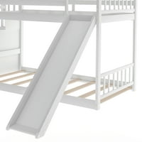Двуетажно легло за деца, сгъваемо пързалка и стълбище, детски легла за спалня, обща спалня, дърво, мебели за спалня, Бяло
