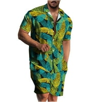 Хавайски костюми за мъже редовно прилягане спокойно прилепване на къс ръкав тропически бутон за печат на палмово дърво и плаж къси панталони комплект зелено m