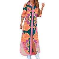 Zunfeo жени плажна рокля- пролет летни дълги ръкави Fit & Flare рокля отпечатана ревера макси рокля модна рокля рокля оранжева 4