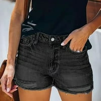 Дамски летни панталони дънки висока талия тънък дупка шорти панталони черни с