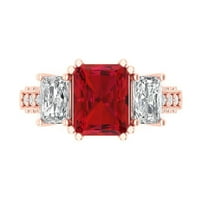 4. CT Brilliant Emerald Cut Симулиран Ruby 14K Rose Gold Politaire с акценти с три камък размер 10.5